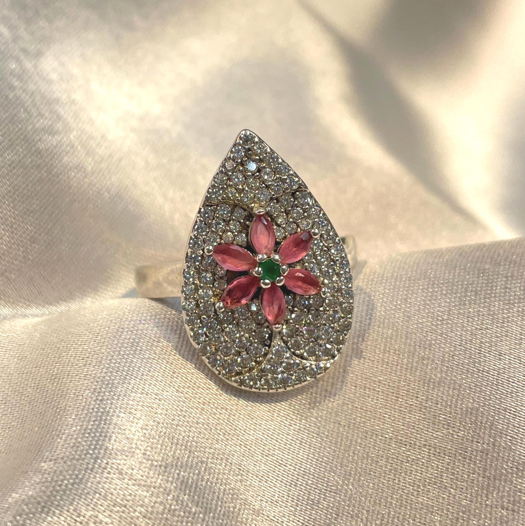 Teardrop Floral Pavé Ring in 925 Sterling Silver with Ruby-Pink & Emerald Accents Suvera Jewelery 925_Silver_Ring Cocktail_Ring Dainty_Silver_Ring Diamond_Ring Engagement_Ring Gift_for_her Handmade_Jewelry Handmade_Ring Minimalist_Jewelry
