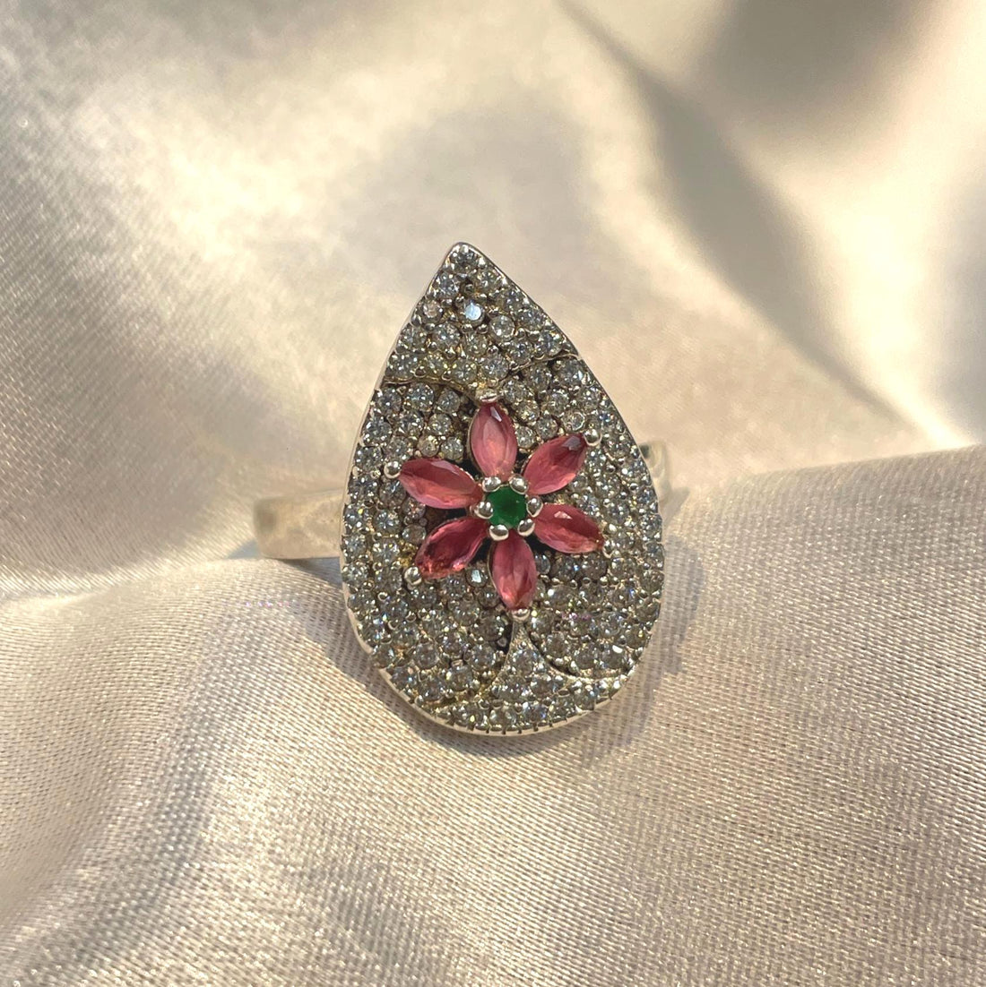 Teardrop Floral Pavé Ring in 925 Sterling Silver with Ruby-Pink & Emerald Accents Suvera Jewelery 925_Silver_Ring Cocktail_Ring Dainty_Silver_Ring Diamond_Ring Engagement_Ring Gift_for_her Handmade_Jewelry Handmade_Ring Minimalist_Jewelry