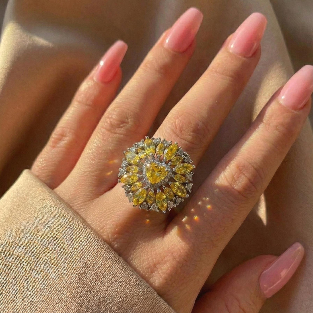 Floral Cluster Cocktail ring with marquise yellow CZ petals surrounding Heart-cut Diamond Suvera Jewelery 925_Silver_Ring Dainty_Silver_Ring Diamond_Ring Engagement_Ring Flower_Ring Gift_for_Him Personalized_Gift Promise_Ring Silver_Ring