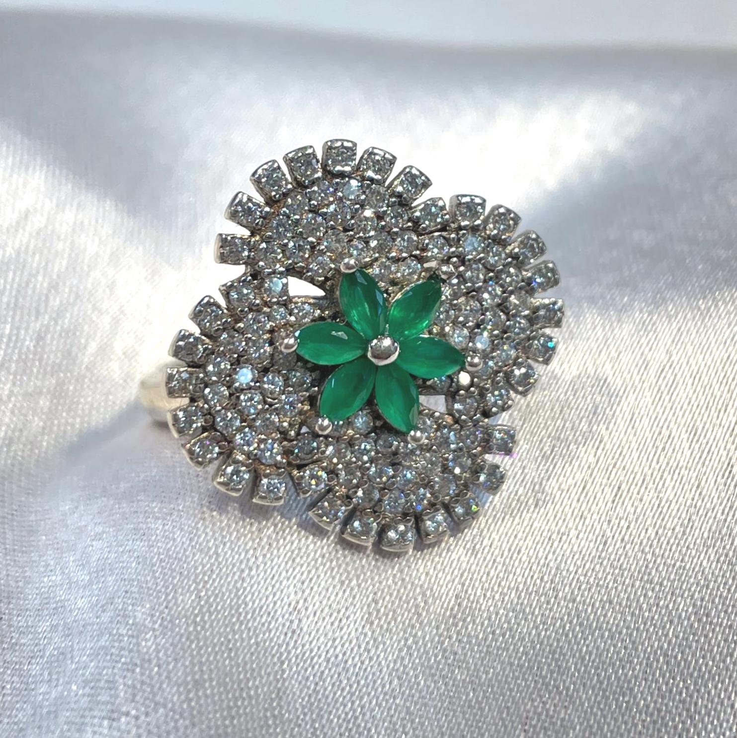 Emerald Bloom Diamond Cluster Ring in White Gold Finish