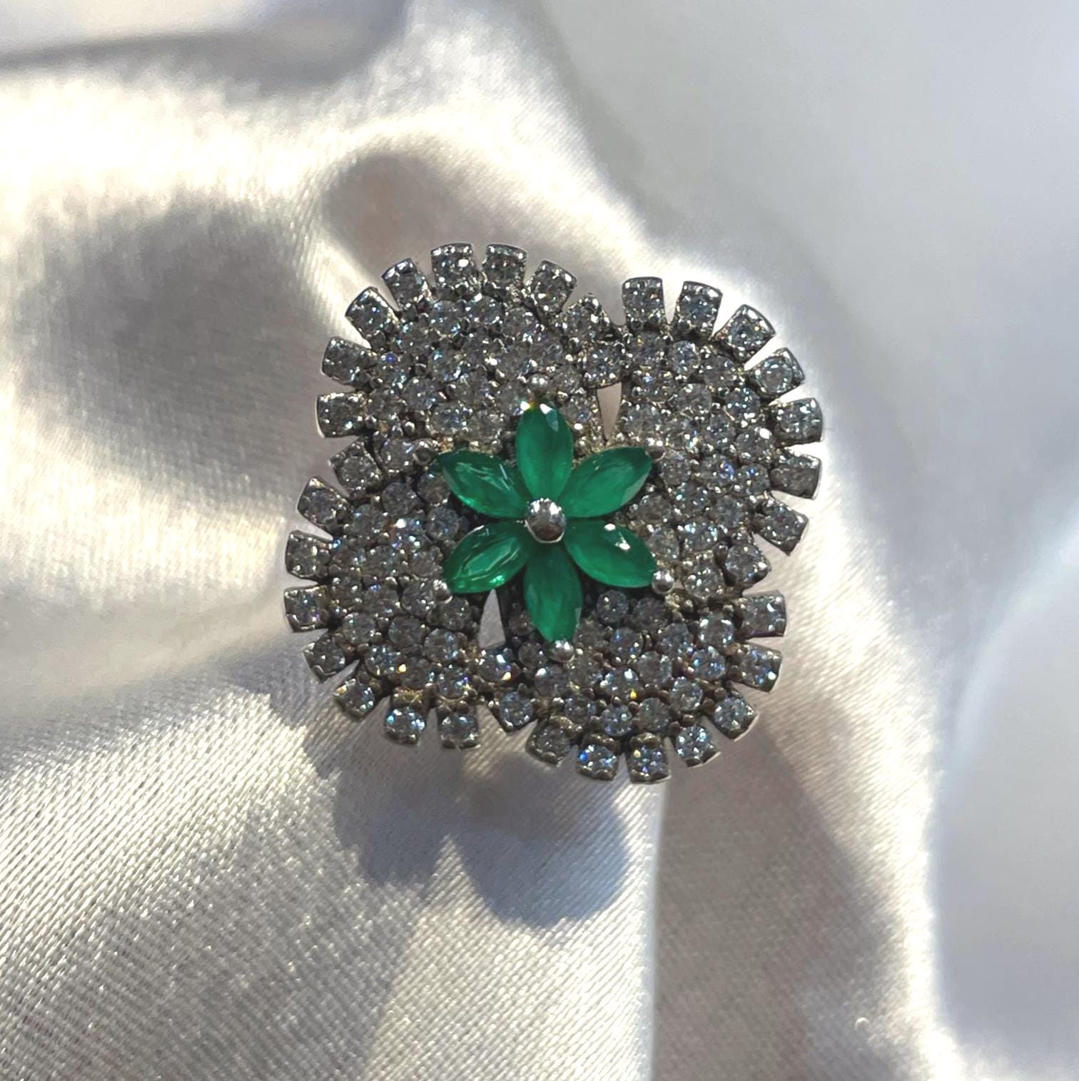 Emerald Bloom Diamond Cluster Ring in White Gold Finish