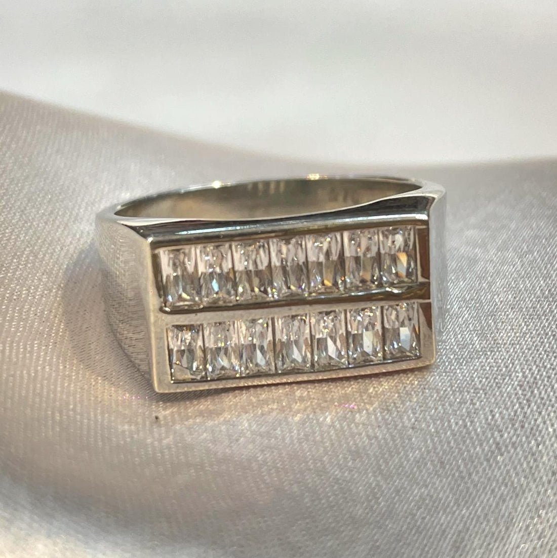 Double-Row Baguette Diamond Statement Band in White Gold Finish Suvera Jewelery 925_Silver_Ring Dainty_Silver_Ring Diamond_Ring Engagement_Ring Gift_for_Him Handmade_Jewelry Men's_Ring Minimalist_Jewelry Personalized_Gift Promise_Ring