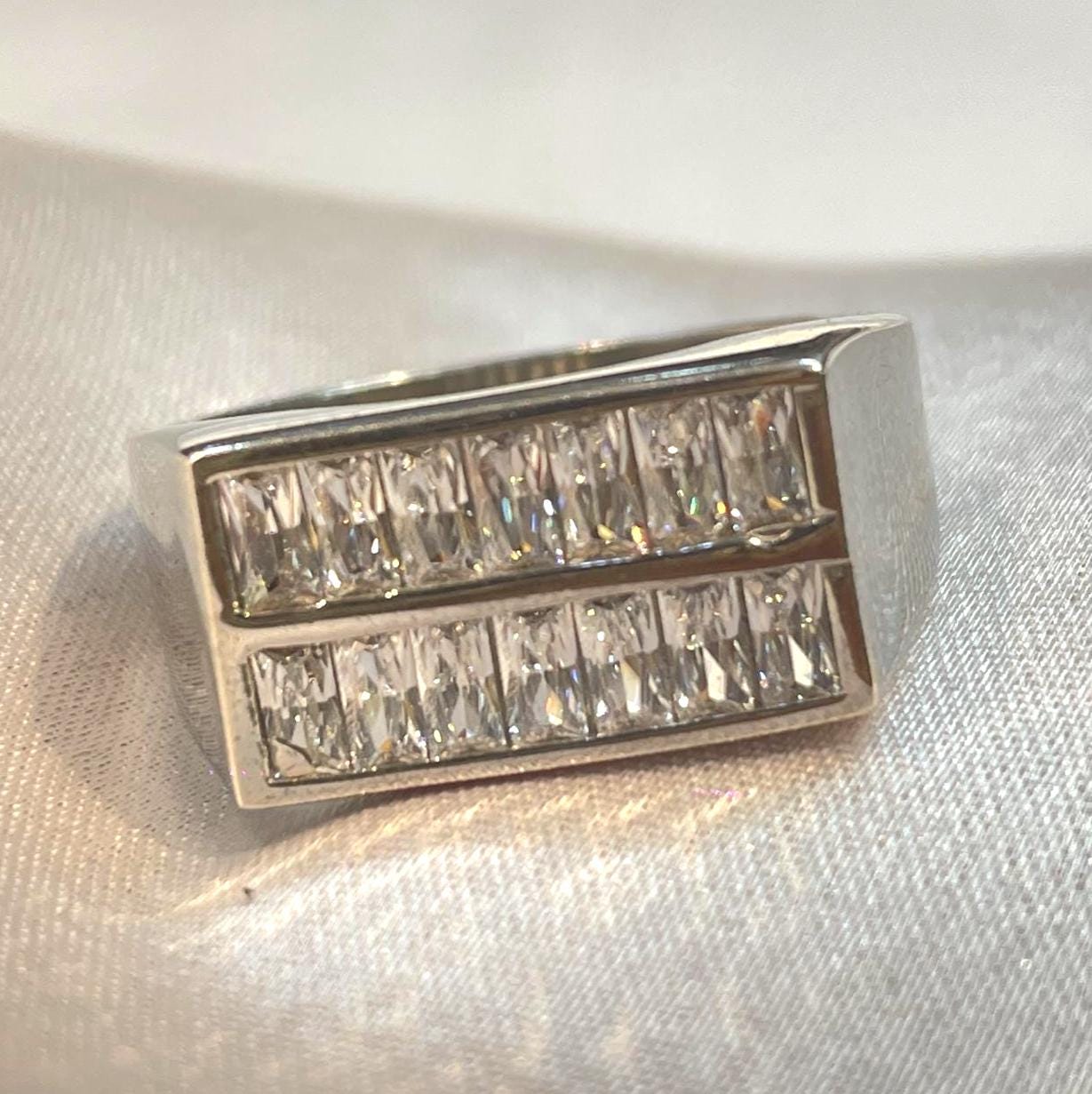 Double-Row Baguette Diamond Statement Band in White Gold Finish Suvera Jewelery 925_Silver_Ring Dainty_Silver_Ring Diamond_Ring Engagement_Ring Gift_for_Him Handmade_Jewelry Men's_Ring Minimalist_Jewelry Personalized_Gift Promise_Ring