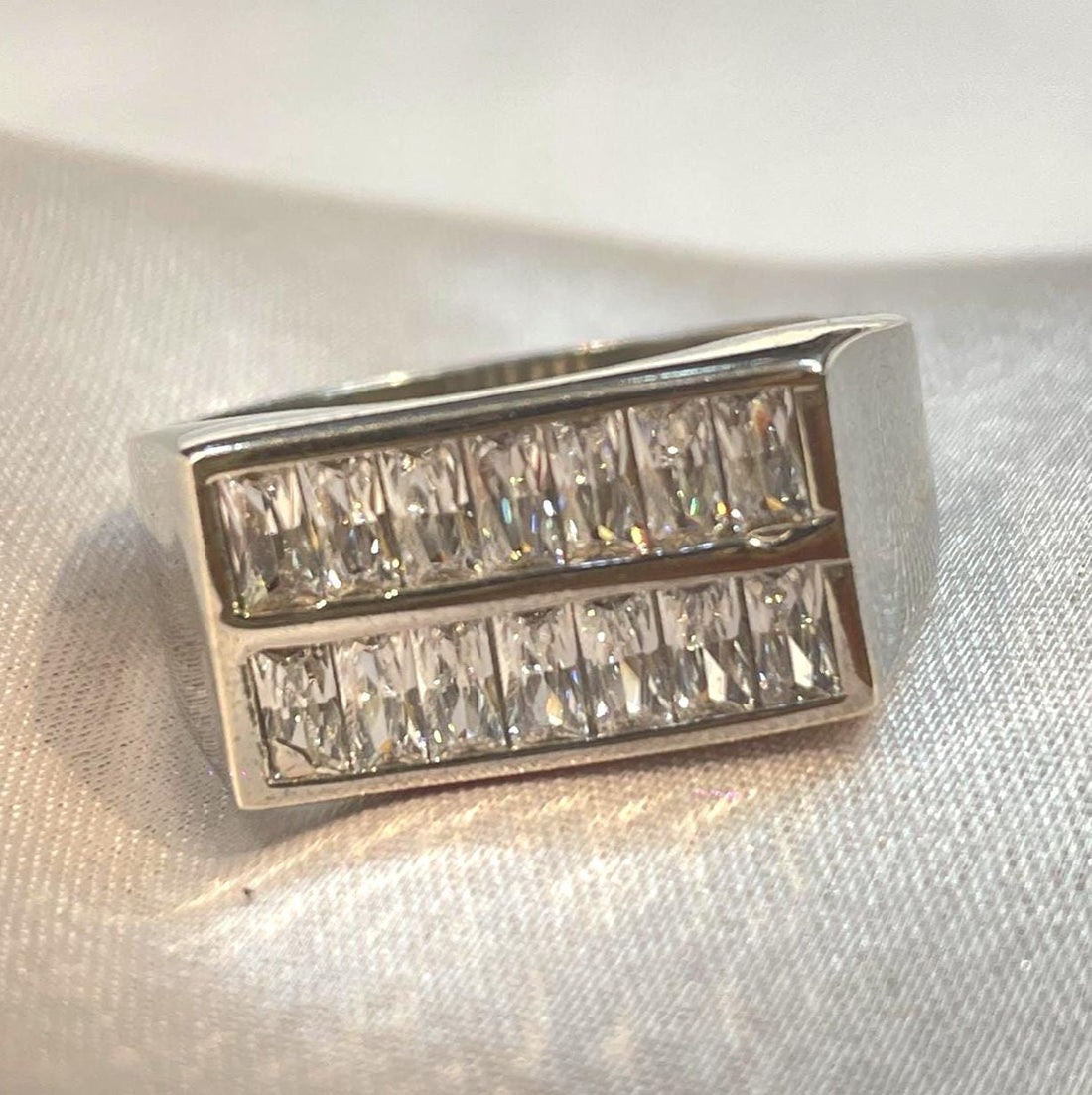 Double-Row Baguette Diamond Statement Band in White Gold Finish Suvera Jewelery 925_Silver_Ring Dainty_Silver_Ring Diamond_Ring Engagement_Ring Gift_for_Him Handmade_Jewelry Men's_Ring Minimalist_Jewelry Personalized_Gift Promise_Ring
