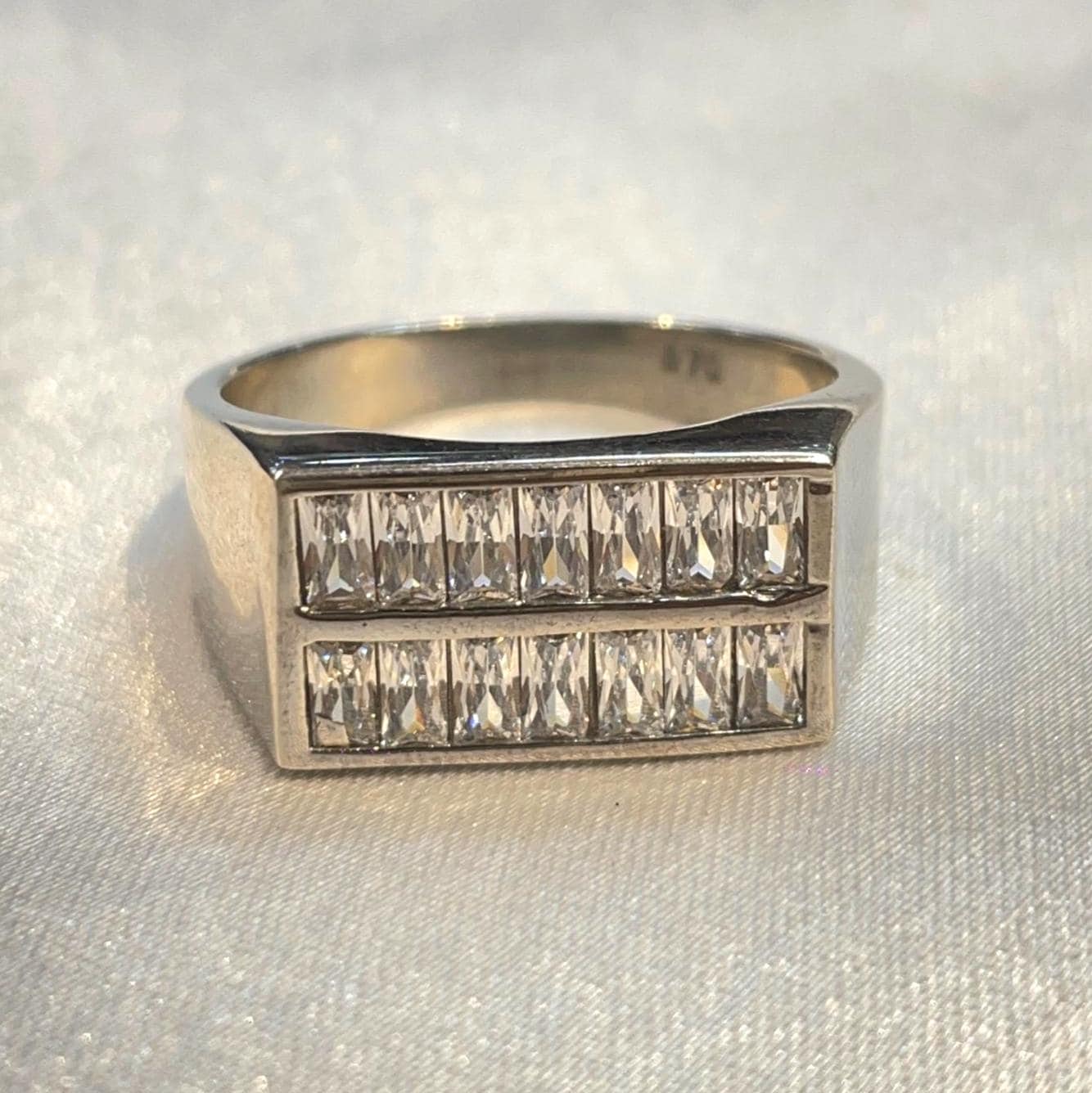 Double-Row Baguette Diamond Statement Band in White Gold Finish Suvera Jewelery 925_Silver_Ring Dainty_Silver_Ring Diamond_Ring Engagement_Ring Gift_for_Him Handmade_Jewelry Men's_Ring Minimalist_Jewelry Personalized_Gift Promise_Ring
