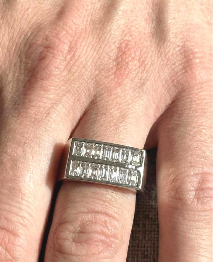 Double-Row Baguette Diamond Statement Band in White Gold Finish Suvera Jewelery 925_Silver_Ring Dainty_Silver_Ring Diamond_Ring Engagement_Ring Gift_for_Him Handmade_Jewelry Men's_Ring Minimalist_Jewelry Personalized_Gift Promise_Ring
