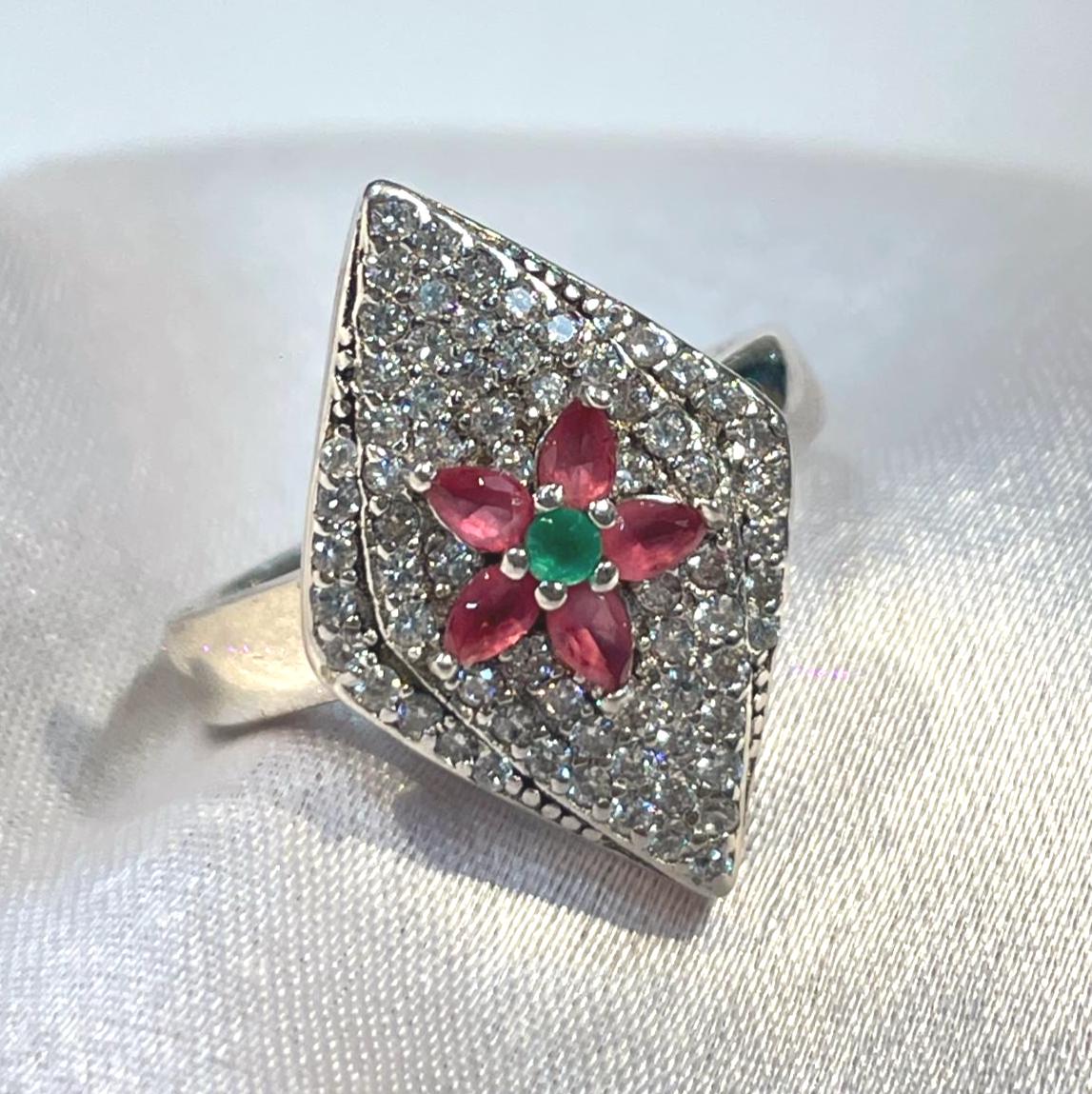 Ruby & Emerald Floral Diamond Kite Ring in White Gold Finish Suvera Jewelery 925_Silver_Ring Birthday_Gift Dainty_Silver_Ring Diamond_Ring Engagement_Ring Gift_for_Her Handmade_Jewelry Minimalist_Jewelry Personalized_Gift Promise_Ring