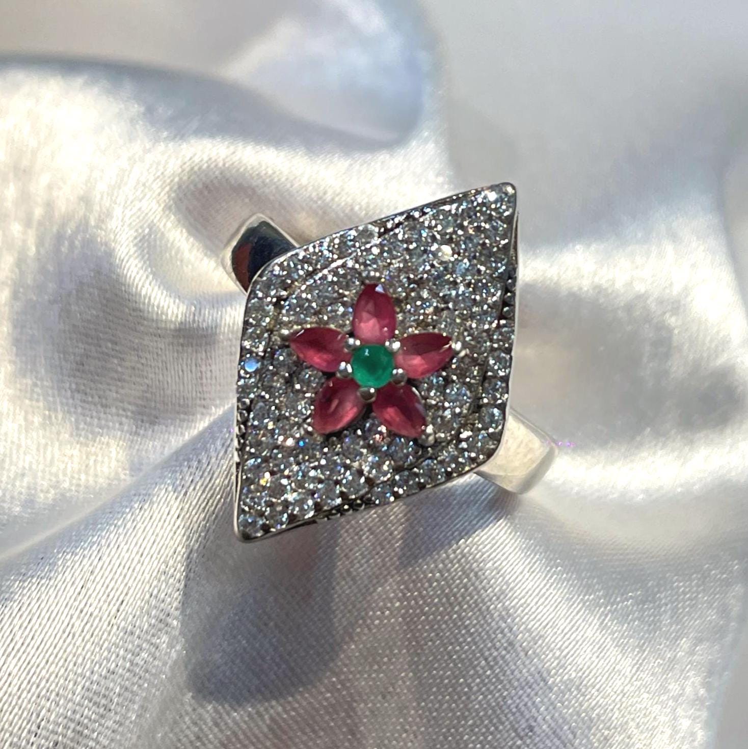 Ruby & Emerald Floral Diamond Kite Ring in White Gold Finish Suvera Jewelery 925_Silver_Ring Birthday_Gift Dainty_Silver_Ring Diamond_Ring Engagement_Ring Gift_for_Her Handmade_Jewelry Minimalist_Jewelry Personalized_Gift Promise_Ring