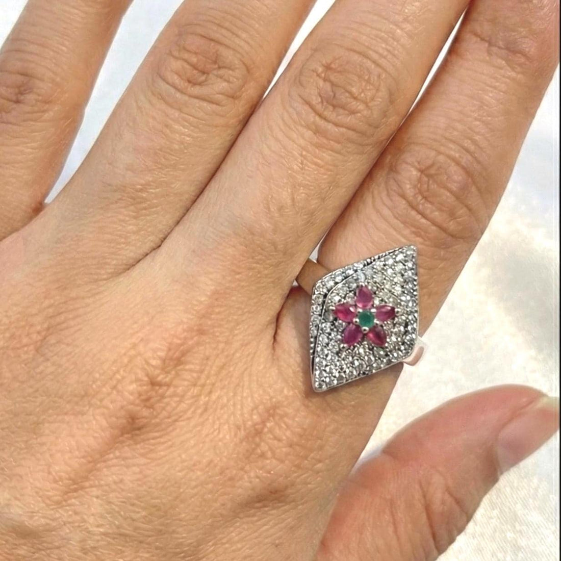 Ruby & Emerald Floral Diamond Kite Ring in White Gold Finish Suvera Jewelery 925_Silver_Ring Birthday_Gift Dainty_Silver_Ring Diamond_Ring Engagement_Ring Gift_for_Her Handmade_Jewelry Minimalist_Jewelry Personalized_Gift Promise_Ring