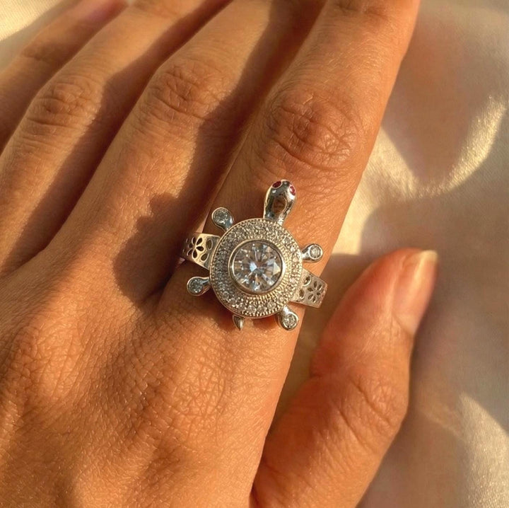 Cz Diamond Turtle Motif Ring with Ruby Eyes