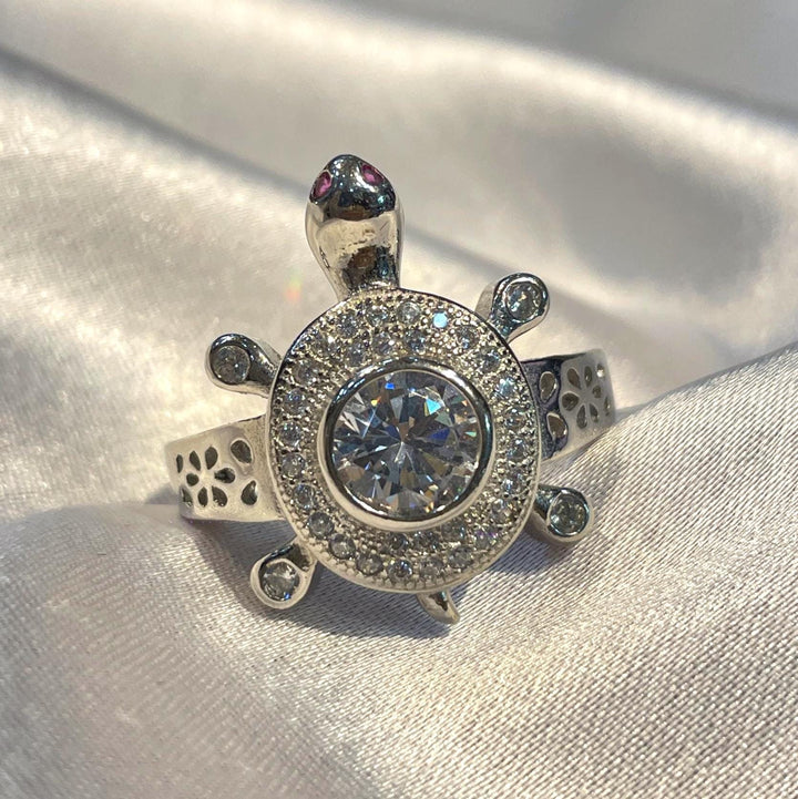 Cz Diamond Turtle Motif Ring with Ruby Eyes